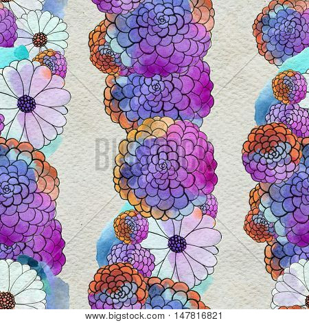Seamless floral pattern with asters and daisy flowers. Floral watercolor background.