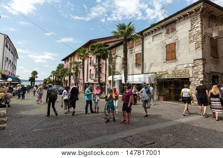 SIRMIONE ITALY - MAY 5, 2016: Piazza Catello in Sirmione Lake Garda Italy
