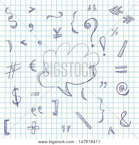 Hand Drawn Scribble Symbols and Speech Bubble on a Sheet of Copybook in a Cage. Doodle Style. Vector Illustration.