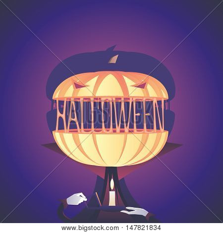 Halloween pumpkin dressed in a vampire costume stands with candle vector illustration