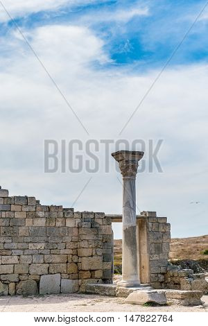 Ancient city Chersonese, ruins of Basilica 1935 VI-X c. , Sevastopol, Crimea Russia. Free space for text.