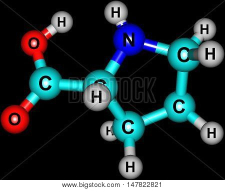 Proline is an alpha-amino acid that is used in the biosynthesis of proteins. 3d illustration