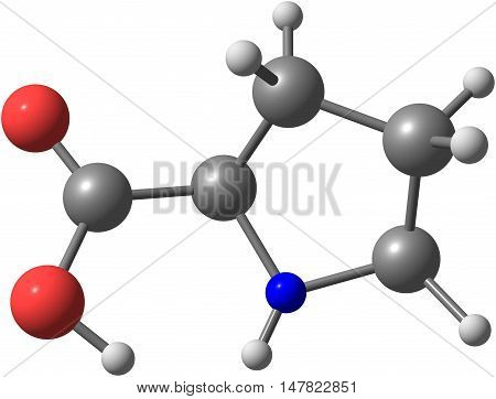 Proline is an alpha-amino acid that is used in the biosynthesis of proteins. 3d illustration