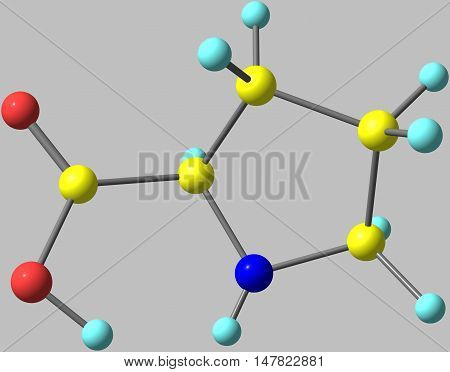 Proline is an alpha-amino acid that is used in the biosynthesis of proteins. 3d illustration