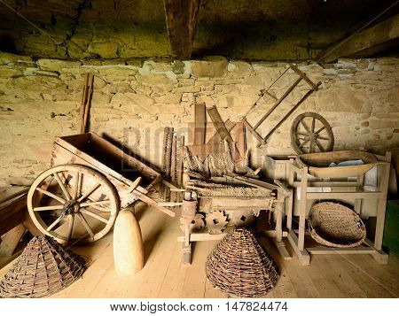 Romanian traditional objects of peasant for the work in field and the homestead Romania Transylvania