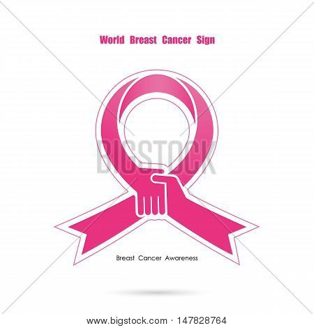 Pink handshake and help logo elements design.Breast cancer awareness logo design.Breast cancer awareness month icon.Realistic pink ribbon.Pink care logo.Vector illustration