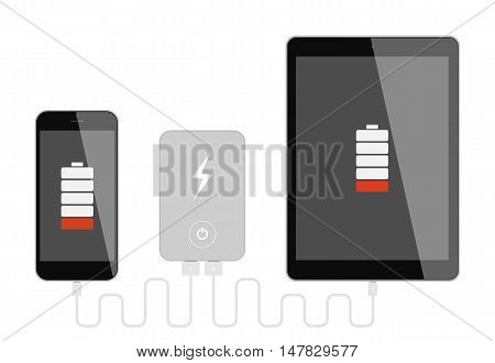 Gadgets with powerbank. Phone and tablet charging with portable powerbank. High battery. Isolated gadgets on white background Low battery.
