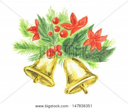 Watercolor christmas bells on white background. Symbol of merry christmas and new yaer.