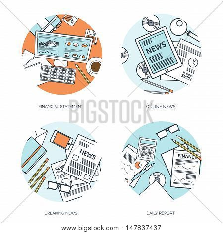Vector illustration. Flat header. Online news. Newsletter, information. Business, market information. Financial report.
