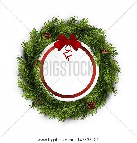 Christmas greeting card with xmas wreath on white background. Holiday decorations. Vector eps10 illustration