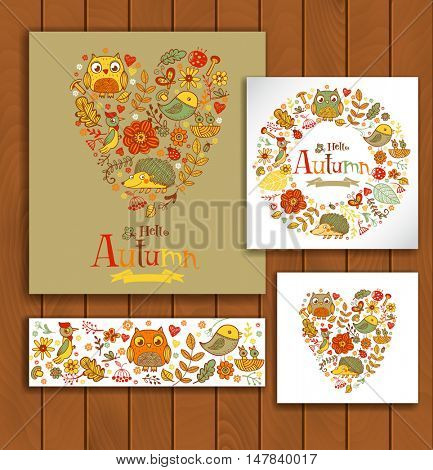 Hello Autumn banner set in doodle style, hand-drawn animals and insects, flowers and plants