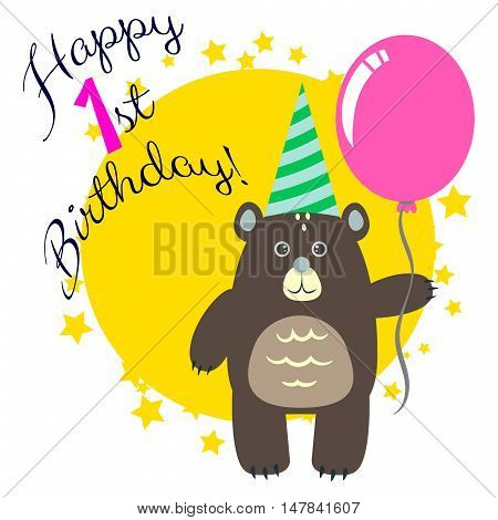 Happy first birthday greeting card with bear holding pink air balloon. Cartoon card congratulation.