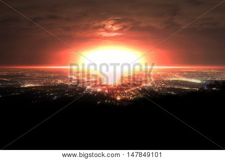 Explosion of nuclear bomb. Explosion of nuclear bomb over city.