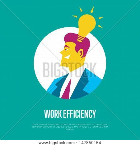 Work efficiency banner with businessman round avatar icon and lightbulb symbol on blue background, vector illustration. Side view of smiling businessman character. Work smarter concept.