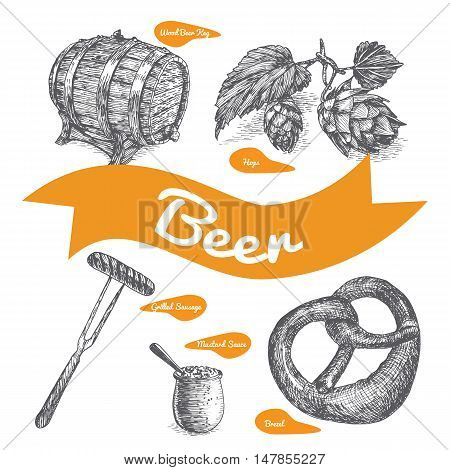 Draft beer and snack products illustration. Vector colorful illustration of beer and snack product