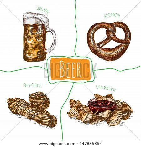 Draft beer and snack products illustration. Vector colorful illustration of beer and snack product