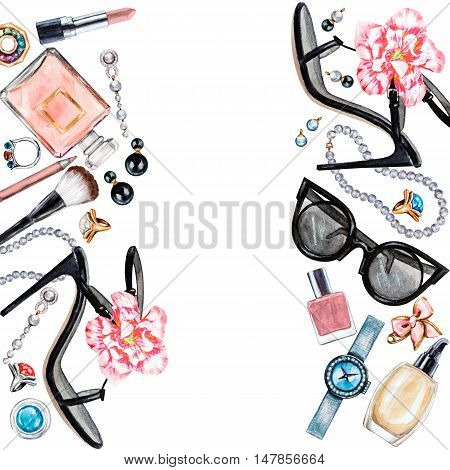 Frame of various watercolor female accessories. Makeup products high heel shoes perfumes lipstick earrings rings beads nail polish watch sunglasses. Hand drawn accessories