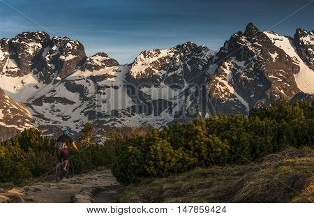 The High Tatras. Cyclist on the trail.
