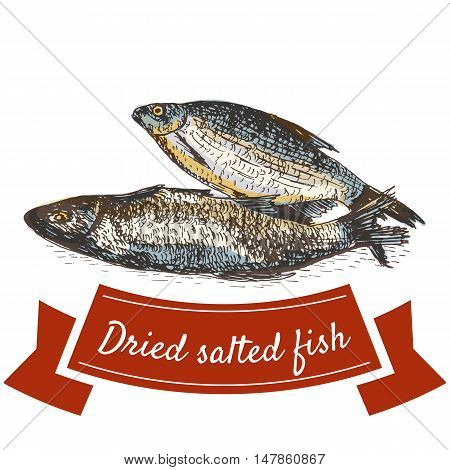 Dried salted fish product illustration. Vector colorful illustration of fish.