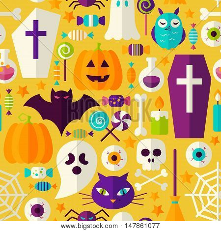 Halloween Party Seamless Pattern. Vector Illustration of Scary Holiday Flat Style Tile Background. Trick or Treat.