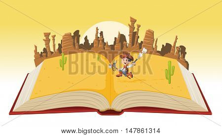 Open book with cartoon cowboy kid galloping on Wild west
