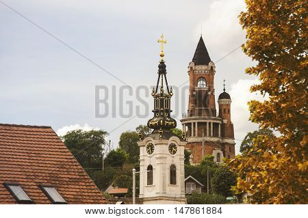 Gardos Tower and orthodox church with autumn colors in Zemun,Serbia