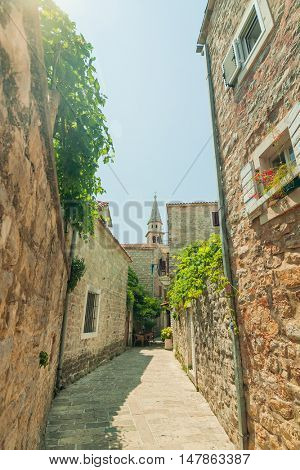 Old town street of Budva, Montenegro.