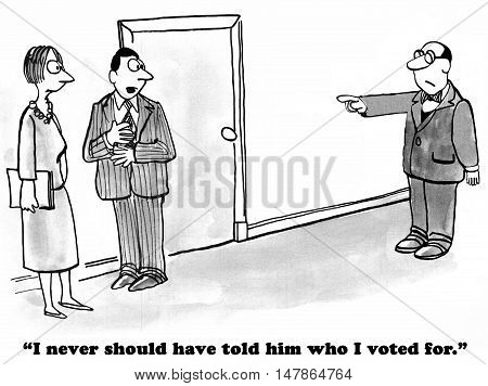 Political cartoon of a man pointing a finger and blaming a coworker because he dislikes who he voted for in the election.