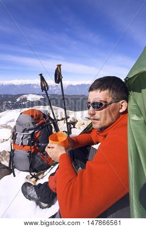 Camping on the top of the mountain in winter.