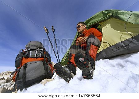 Camping on the top of the mountain in winter.