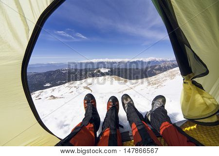 Camping on the top of the mountain in winter.