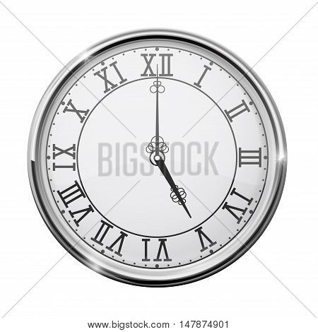 Clock dial with roman numerals. Five o'clock. Vector illustration isolated on white background