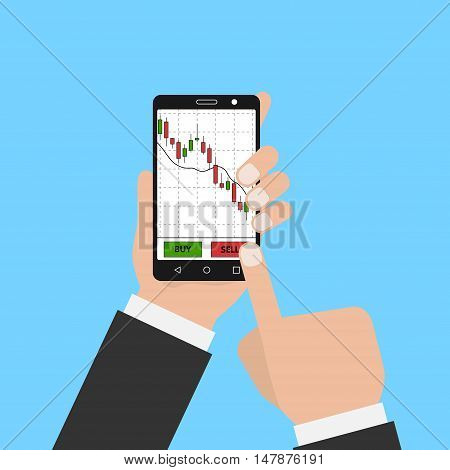 Hand holding smartphone with forex stock chart. Stock trade application on smartphone . Digital device with forex diagram. Vector illustration.