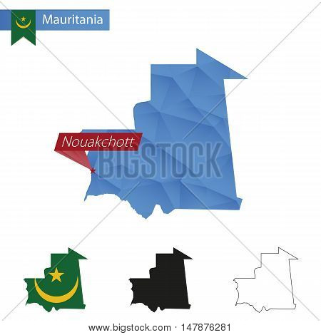 Mauritania Blue Low Poly Map With Capital Nouakchott.