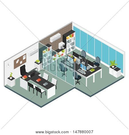 Colored isometric interior Office workplace two adjacent rooms office and meeting room vector illustration