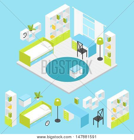 Children room composition in isometric with furnished room layout and isolated colored icon set vector illustration