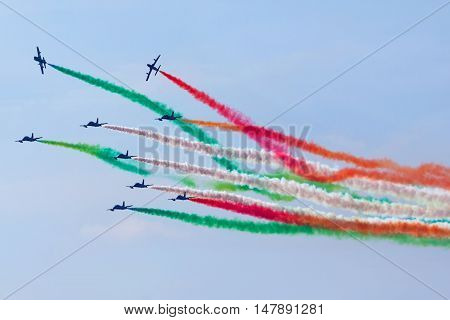 Amous Italian Flying Team Frecce Tricolori In Action During An Exhibition 