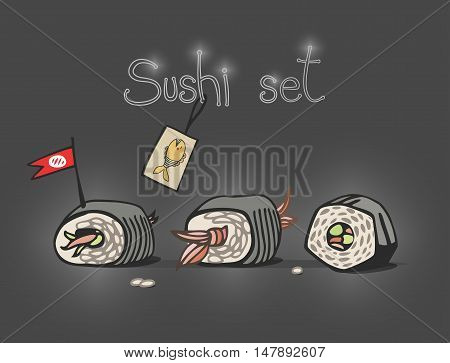Sushi set with 3 rolls on grey background. Asian food. Vector illustration.