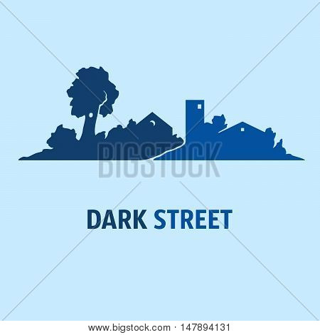 Illustration of street with cottages and trees at night. Silhouettes. 