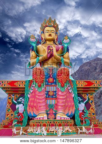 LADAKH, INDIA - JUNE 14, 2012: Statue of Maitreya Buddha near Diskit Monastery.