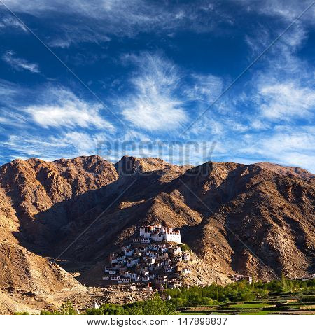 Panorama of Chimray monastery in Ladakh Jammu and Kashmir state India.