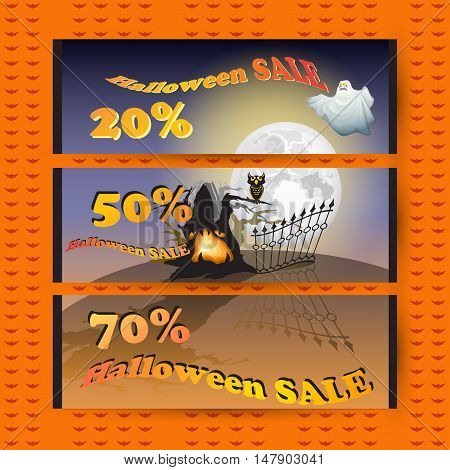 Sale coupons. Discount sticker with Moon, ghost, owl, tree and words Halloween Sale. Price tag template.