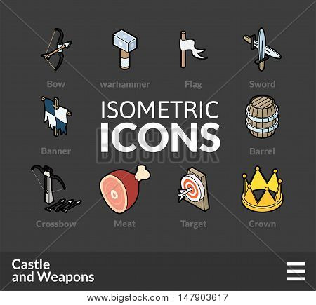 Isometric outline icons, 3D pictograms vector set 54 - Castle and weapons symbol collection