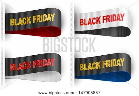 Clothes labels tags with marketing phrase Black Friday for garments sales promotion and merchant service; Vector set Eps10