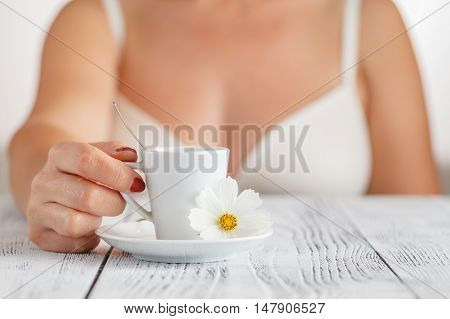 Beautiful Girl At Her Bedroom Drinking Tea In The Morning.