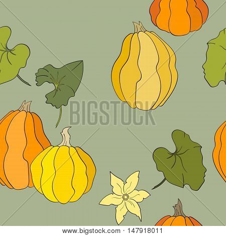 Pumpkins seamless pattern with pumkins flower and leaves vector illustration