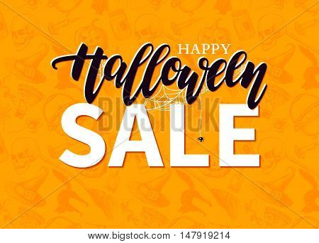 Halloween Sale vector banner with lettering and detailed engraving background. Pumpkin witch hat skull cat hand drawn elements. Great for banner voucher offer coupon holiday sale.