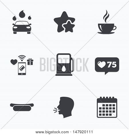 Petrol or Gas station services icons. Automated car wash signs. Hotdog sandwich and hot coffee cup symbols. Flat talking head, calendar icons. Stars, like counter icons. Vector
