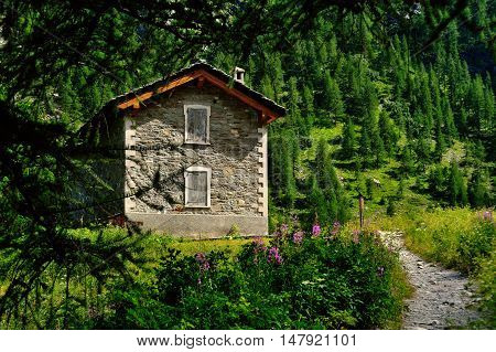 Old shelter in forest with road near Rhemes Notre Dame