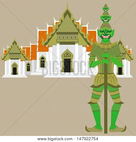 Thai Temple Guardian Giant Thailand Yaksha demon statue Buddhism symbol in Bangkok Asian spirit sculpture